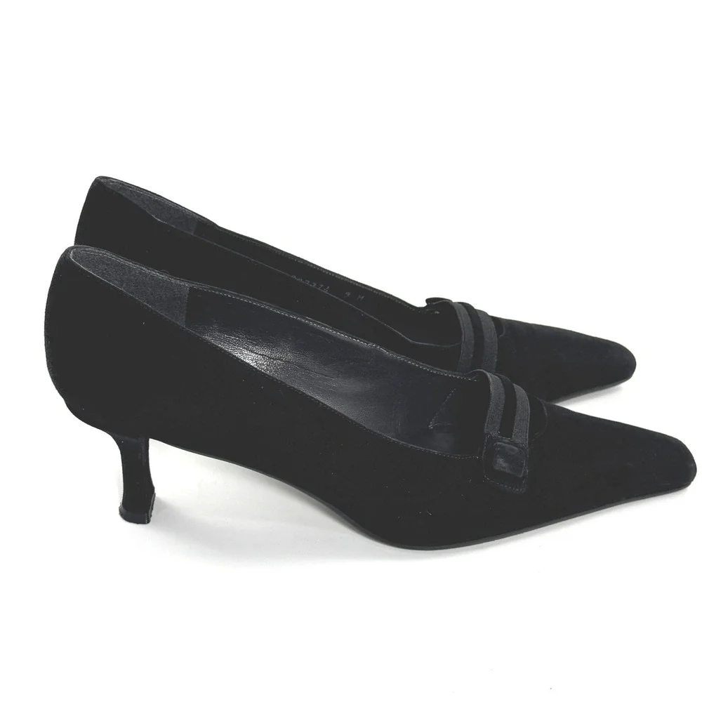 Stuart Weitzman Black Suede Kitten Heel Pumps Square Toe Spain 9M A293374 - Picture 2 of 7